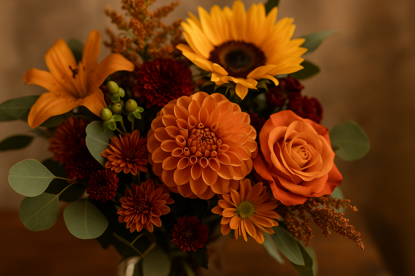 Autumn bouquet with red ranunculus, orange chrysanthemums, and yellow blooms with fall leaves and berries — seasonal jewel tones 2025