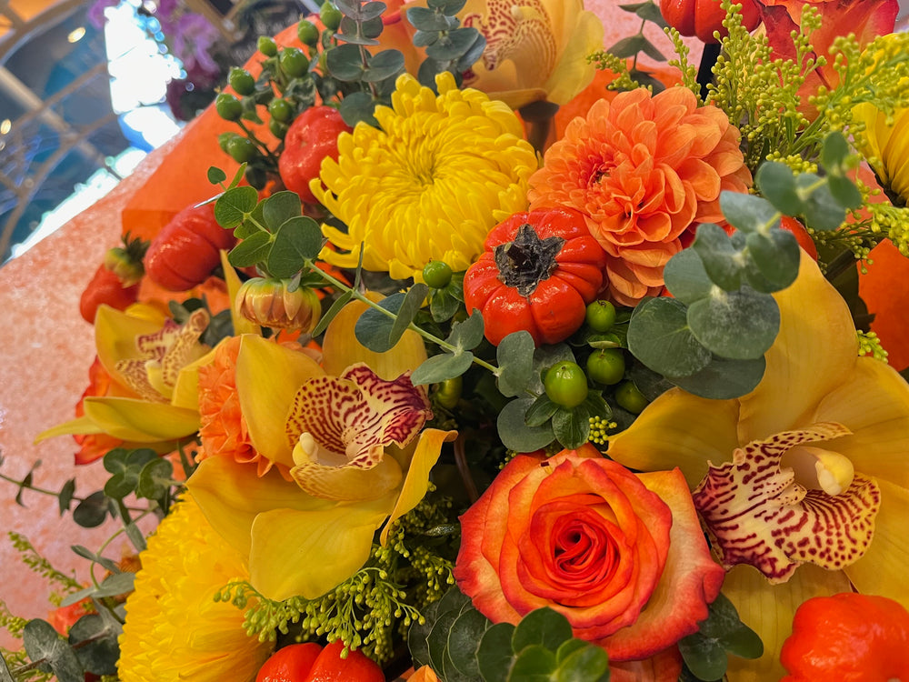 
                  
                    orange roses and dahlias 
                  
                