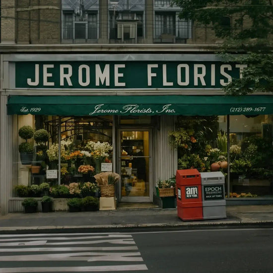 Street view of the Jerome Florists shopfront with sidewalk flower displays on the Upper East Side, New York