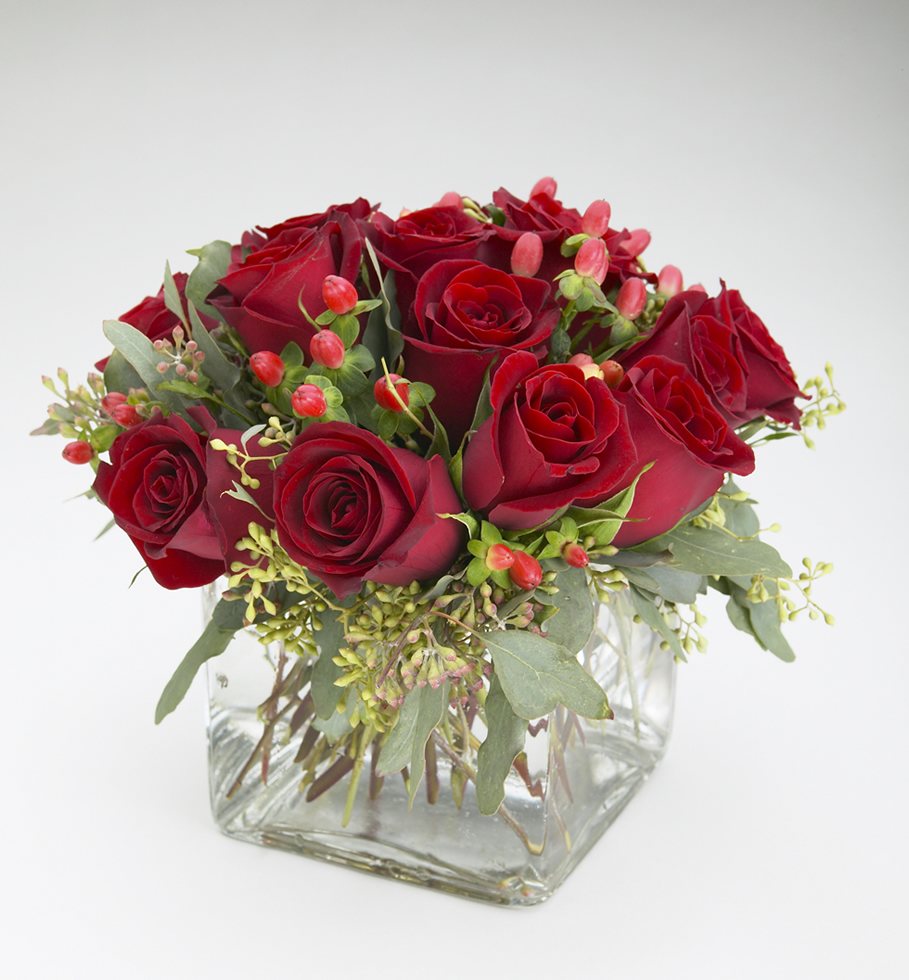 Scarlet Rose arrangement with Forever Young roses and eucalyptus