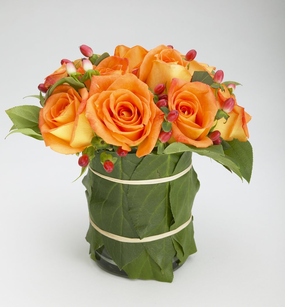 Tangerine — Bright Orange Rose Arrangement in a Cylinder Vase