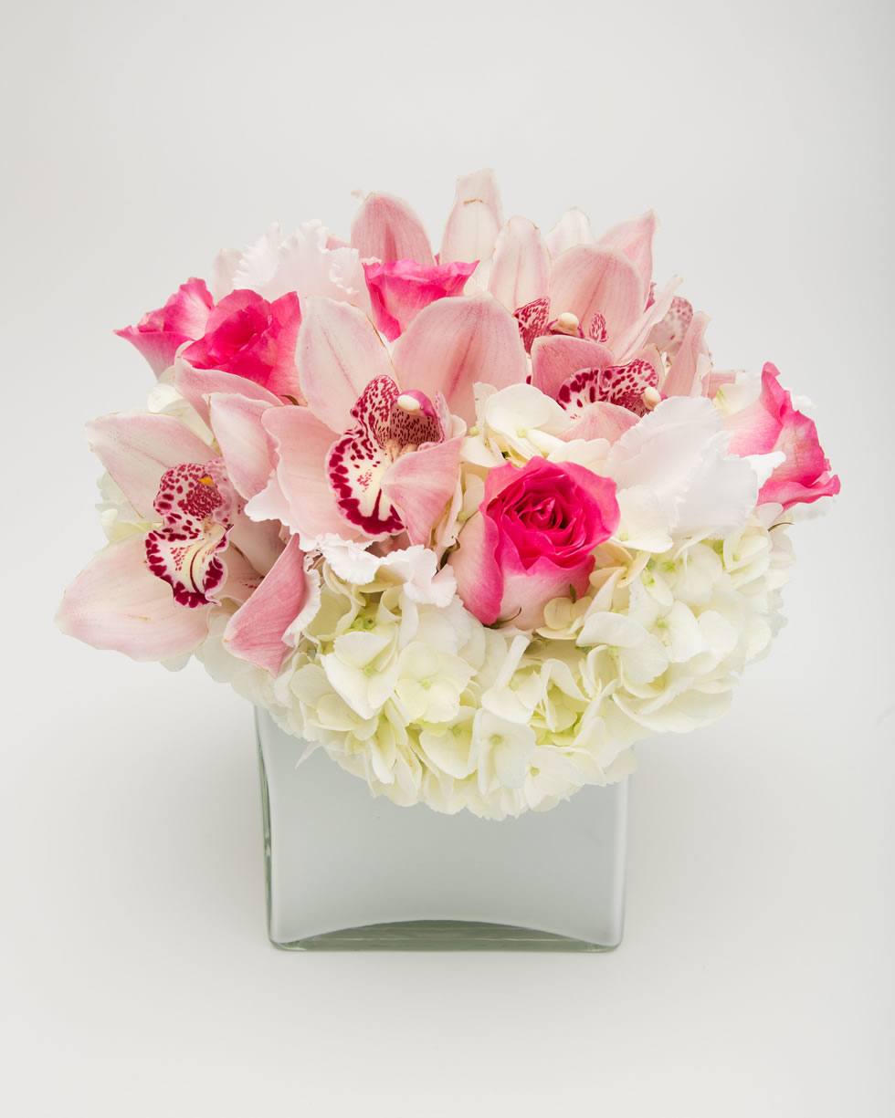 Coquette Flower Arrangement with White Hydrangea, Pink Roses, and Cymbidium Orchids