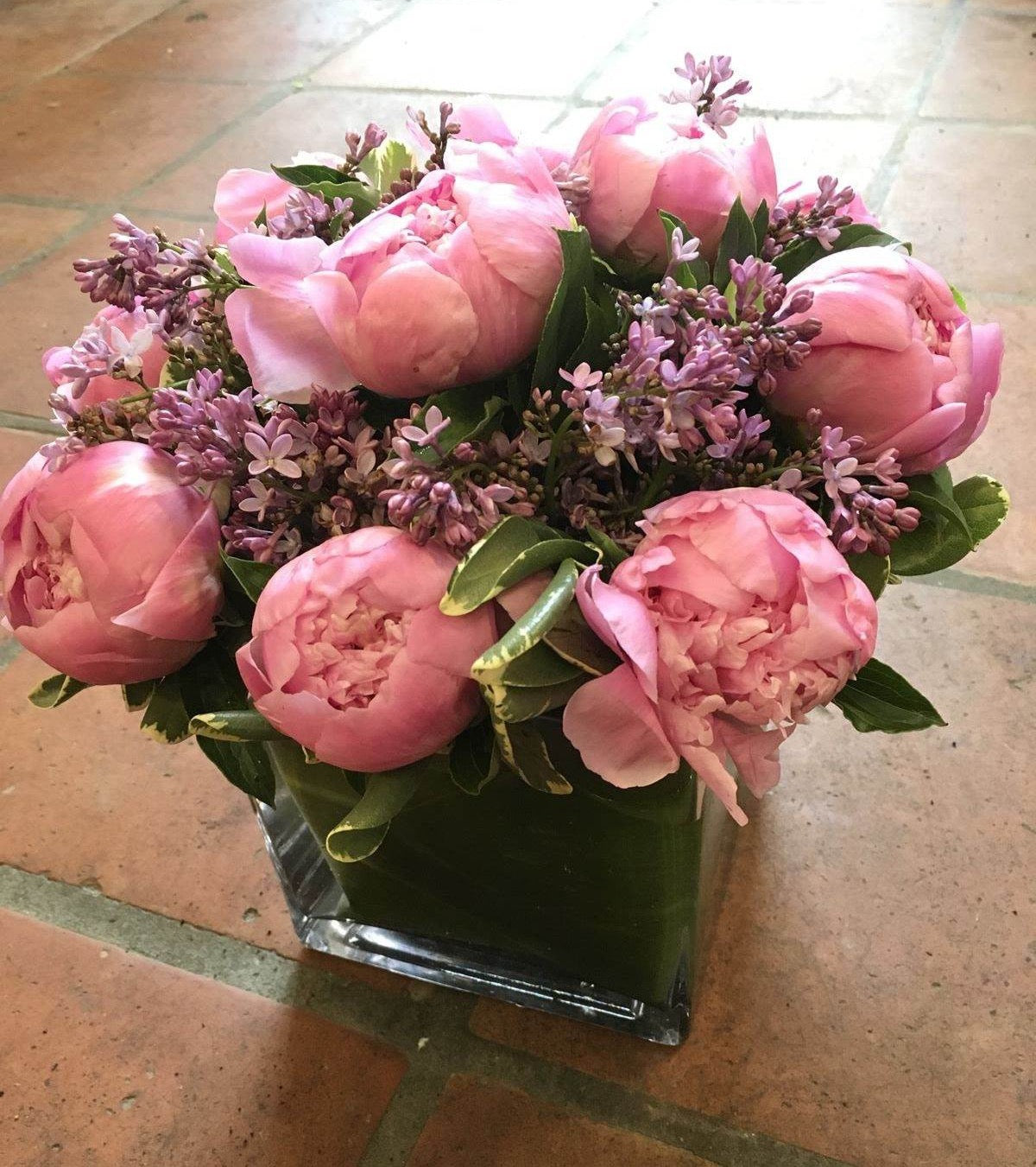 Elegant Pink Peonies and Lilac Floral Arrangement